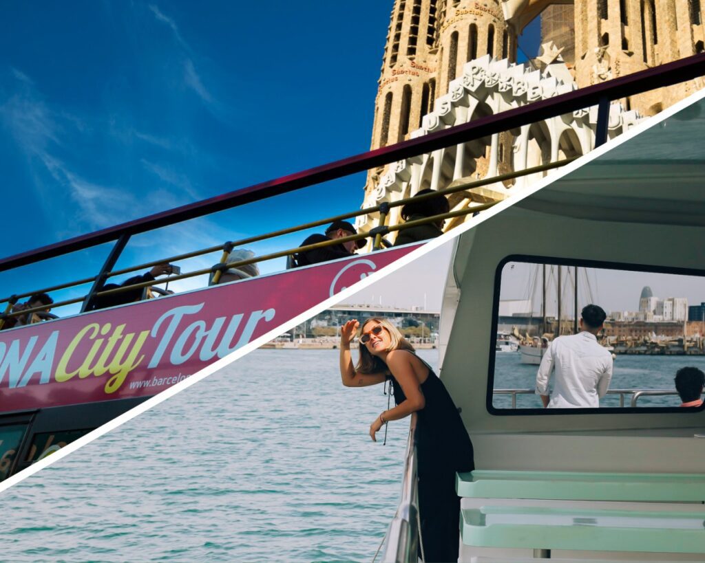 Collage de paseo en catamarán y bus turístico en Barcelona