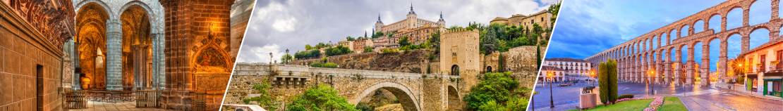 Imágenes de la Catedral de Ávila, Toledo y el acueducto de Segovia.