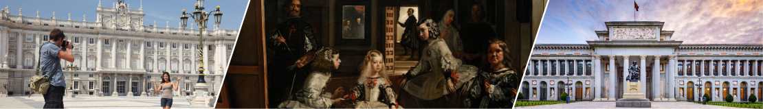 Visita guiada al Palacio Real de Madrid, foto de Las Meninas en el Museo del Prado e imagen del frontis del Museo del Prado.