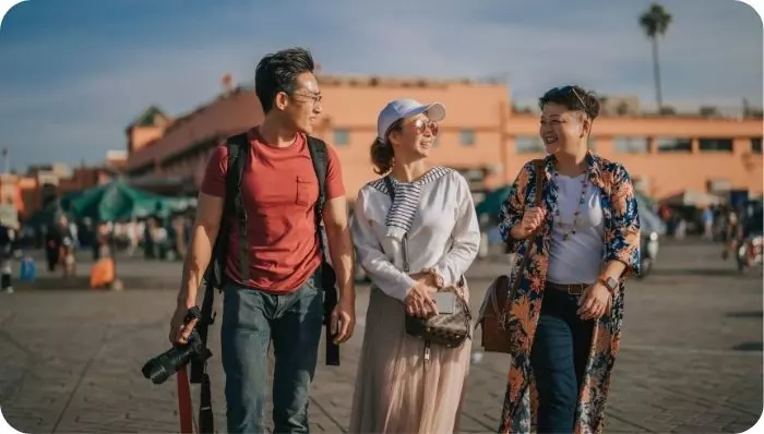 Three tourists walking around Marrakech