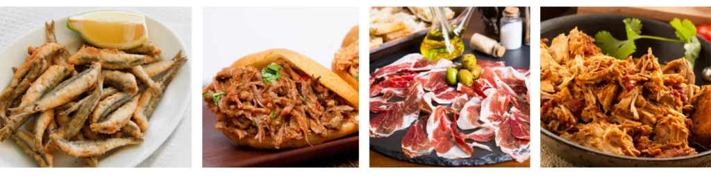 comida típica de Andalucía: pescaito frito, ropa vieja, pringá y jamón ibérico